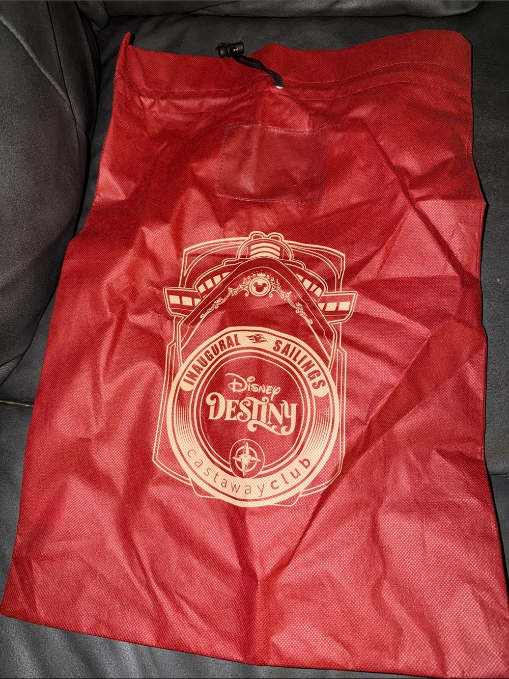 Large rare Disney Red Drawstring Castaway Club Travel Sack with Cream Crest